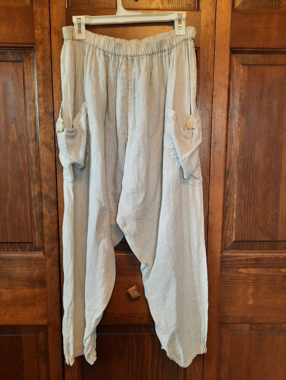 Flax 100% Linen Light Khaki Tan Elastic Waist Harem Pants Pockets Size Large